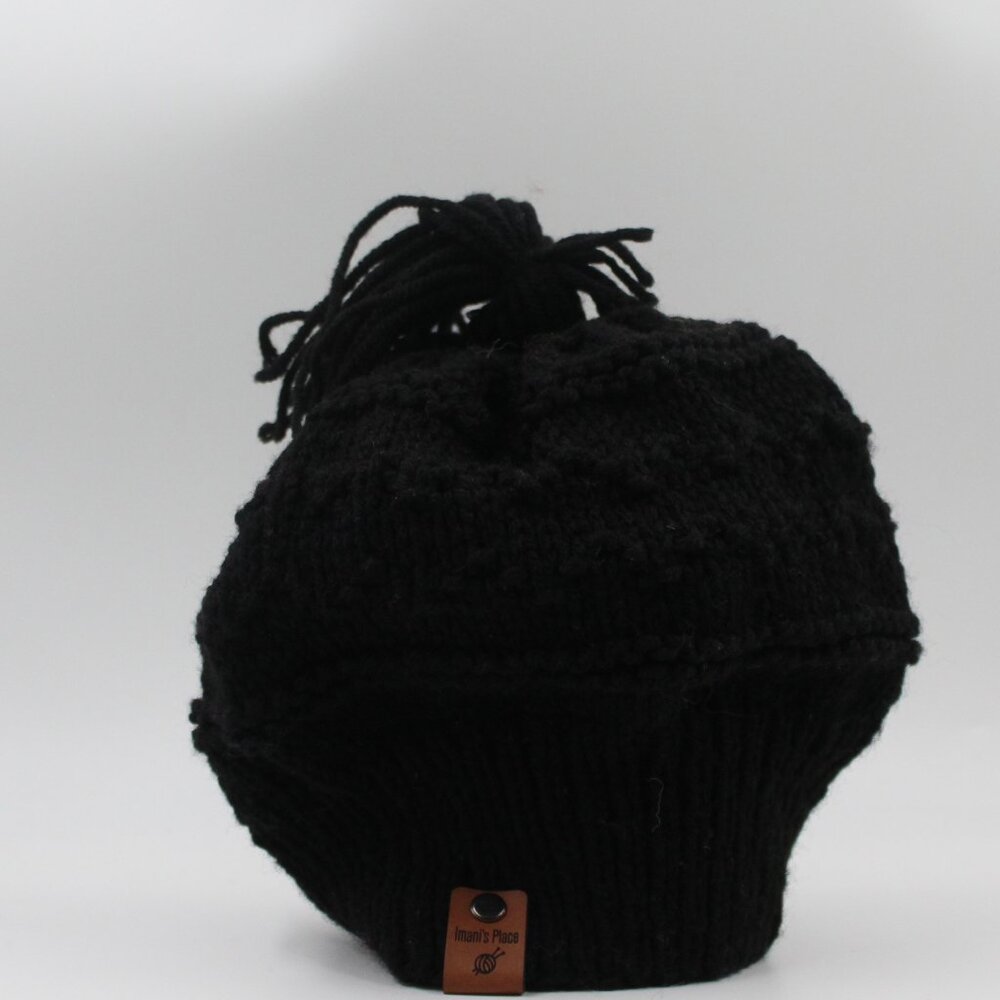 Handmade Hand Knit Acrylic Black Knit Hat with a Tassel
